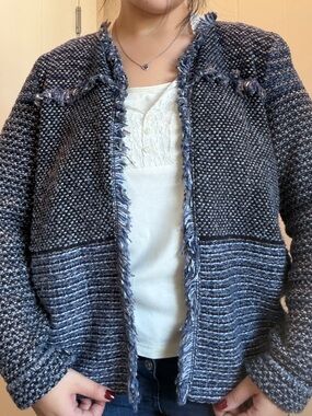 Chico's Charcoal Blue Fringe-Trim Open Cardigan